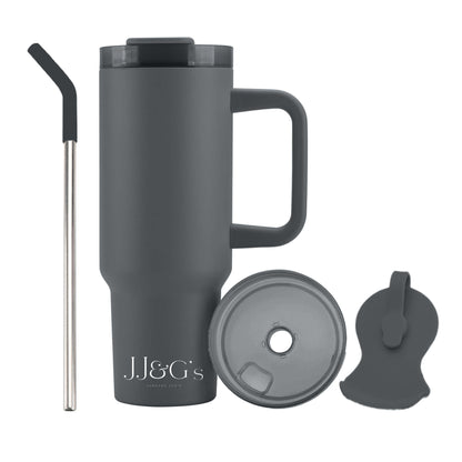 JJ&G’s 40oz Tumbler with Straw and Lid  (Grey) | 1.2 litres | Insulated Thermal Stainless Steel Water Bottle Travel Mug | Large Iced Coffee Cup with Handle | UK