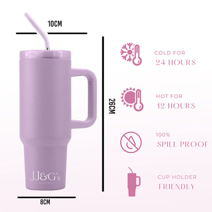 JJ&G’s 40oz Tumbler with Straw and Lid  (Light Purple) | 1.2 litres | Insulated Thermal Stainless Steel Water Bottle Travel Mug | Large Iced Coffee Cup with Handle | UK