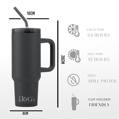 JJ&G’s 40oz Tumbler with Straw and Lid  (Grey) | 1.2 litres | Insulated Thermal Stainless Steel Water Bottle Travel Mug | Large Iced Coffee Cup with Handle | UK