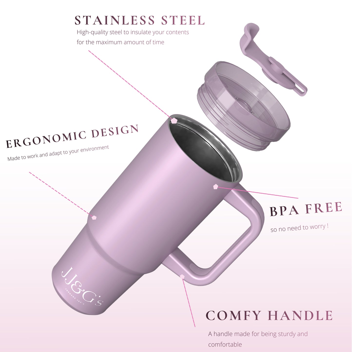 JJ&G’s 40oz Tumbler with Straw and Lid  (Light Purple) | 1.2 litres | Insulated Thermal Stainless Steel Water Bottle Travel Mug | Large Iced Coffee Cup with Handle | UK